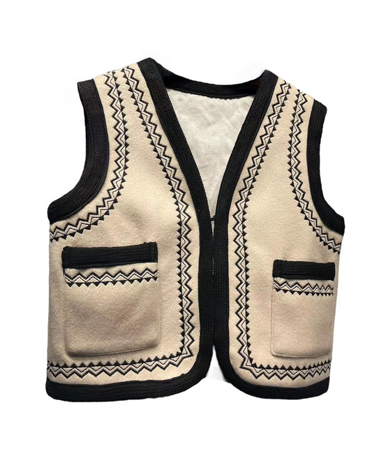 Nora Retro Embroidered Short Vest - Off White