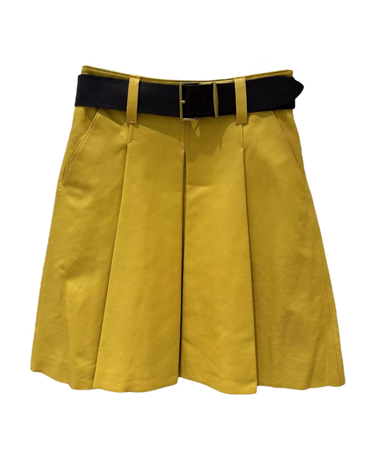 Vivian Leather Pleated Skirt - Yellow