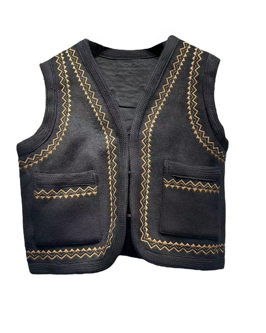 Nora Retro Embroidered Short Vest - Black