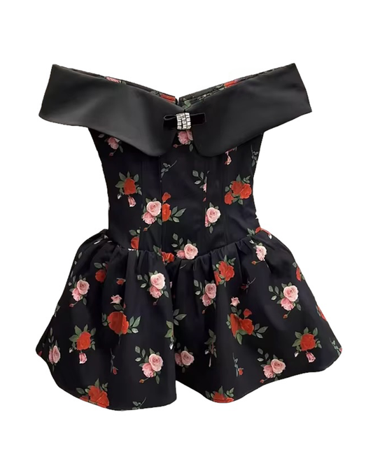 Ivy Mini Dress - Black with Red and Pink Flowers