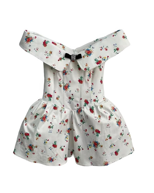 Ivy Mini Dress - White with Red Flowers