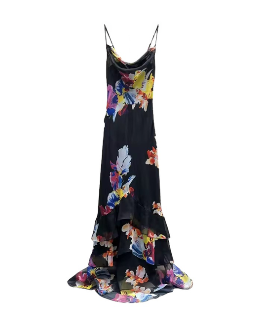 Lila Flower Print Ruffled Maxi Dress