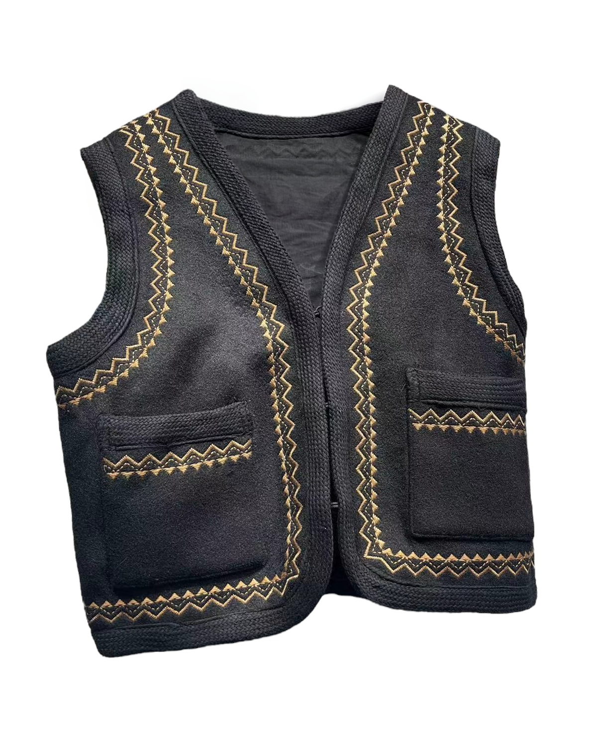 Nora Retro Embroidered Short Vest - Black